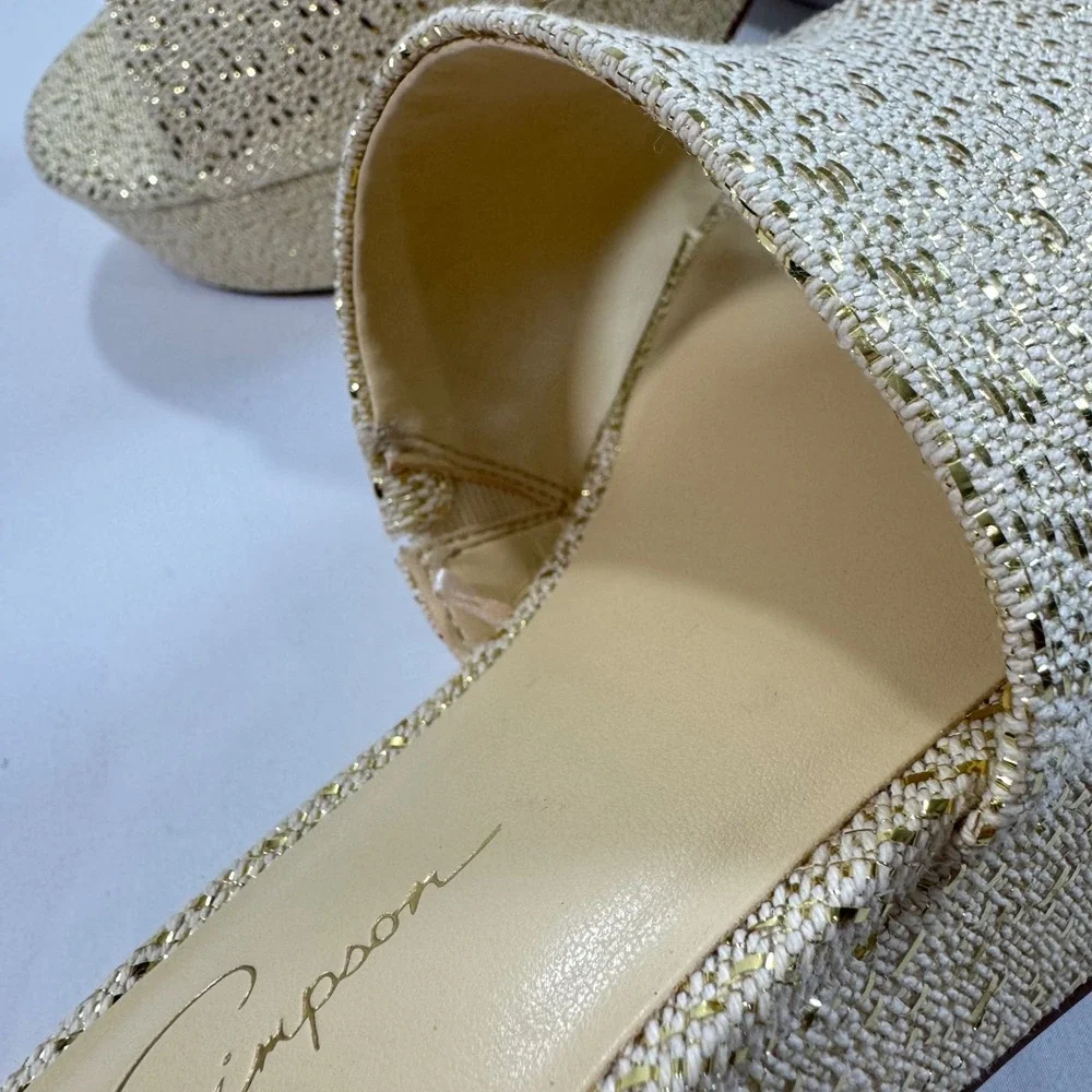 New Jessica Simpson Elenoa Gold Metallic Woven Platform Slide Sandals Heels 8.5M